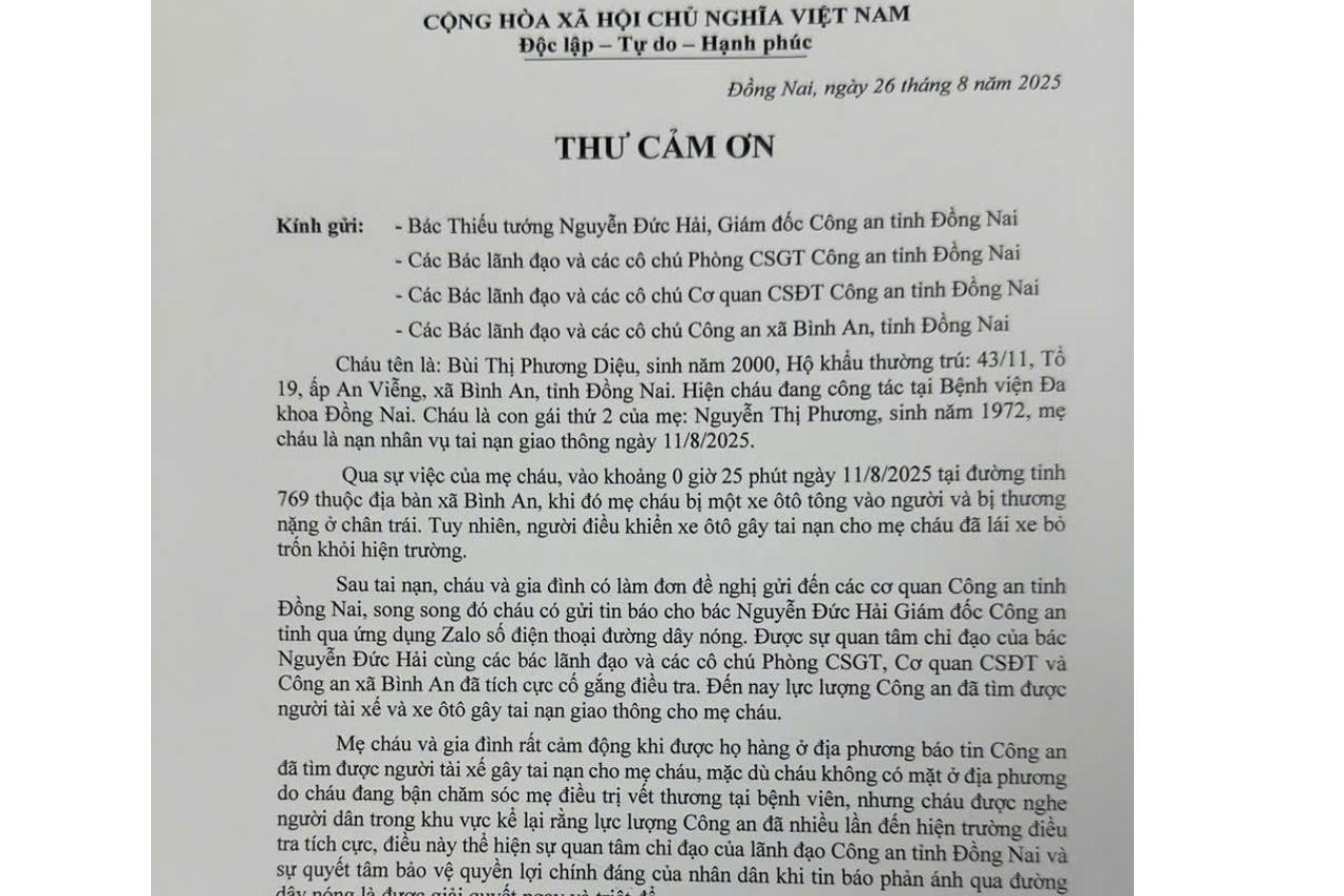 Nhanh chóng làm rõ tài xế gây tai nạn rồi bỏ trốn, người dân gửi thư cảm ơn Công an Đồng Nai