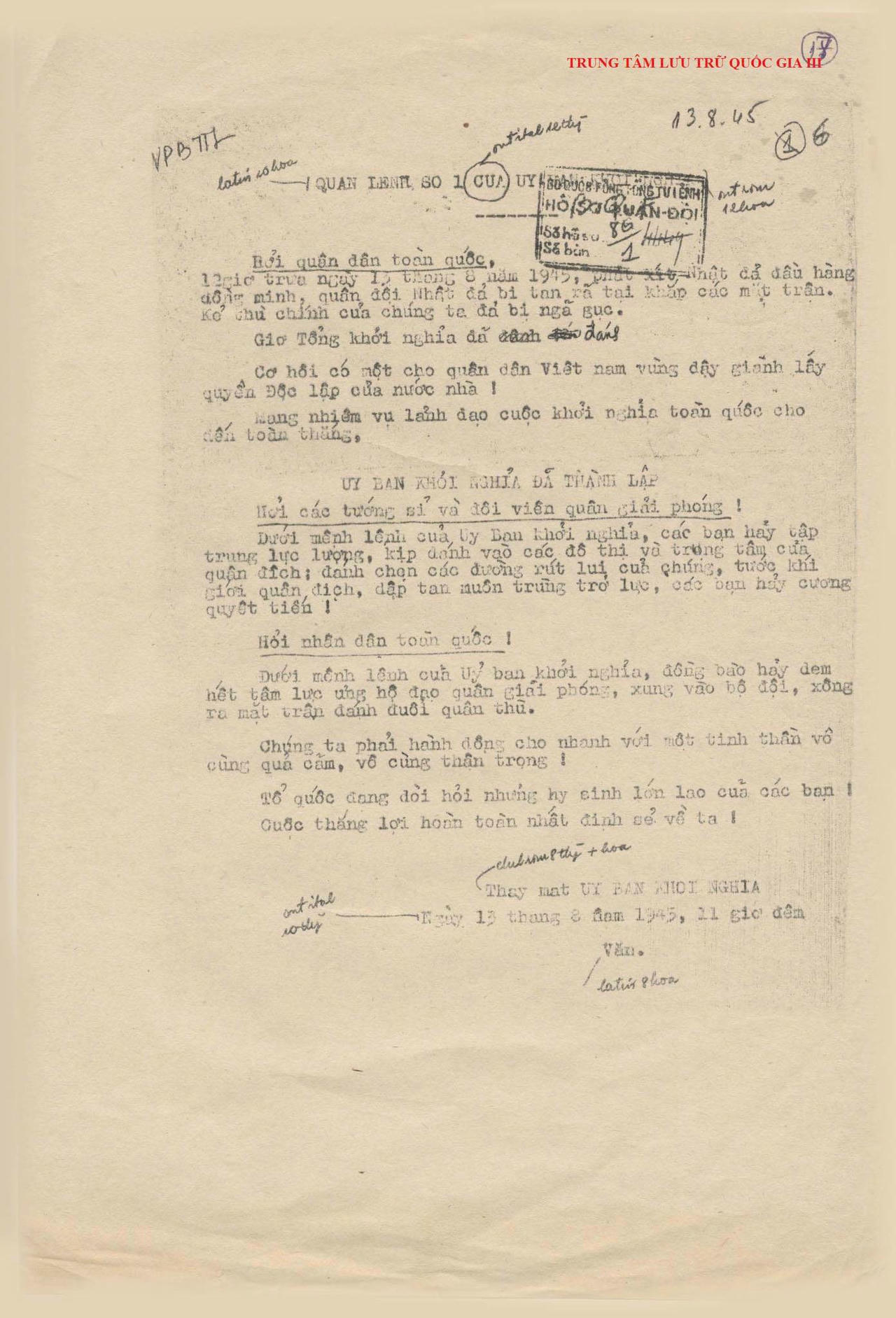 Nội dung Quân lệnh số 1 mở lệnh Tổng khởi nghĩa. (Ảnh: TTLTQG III)