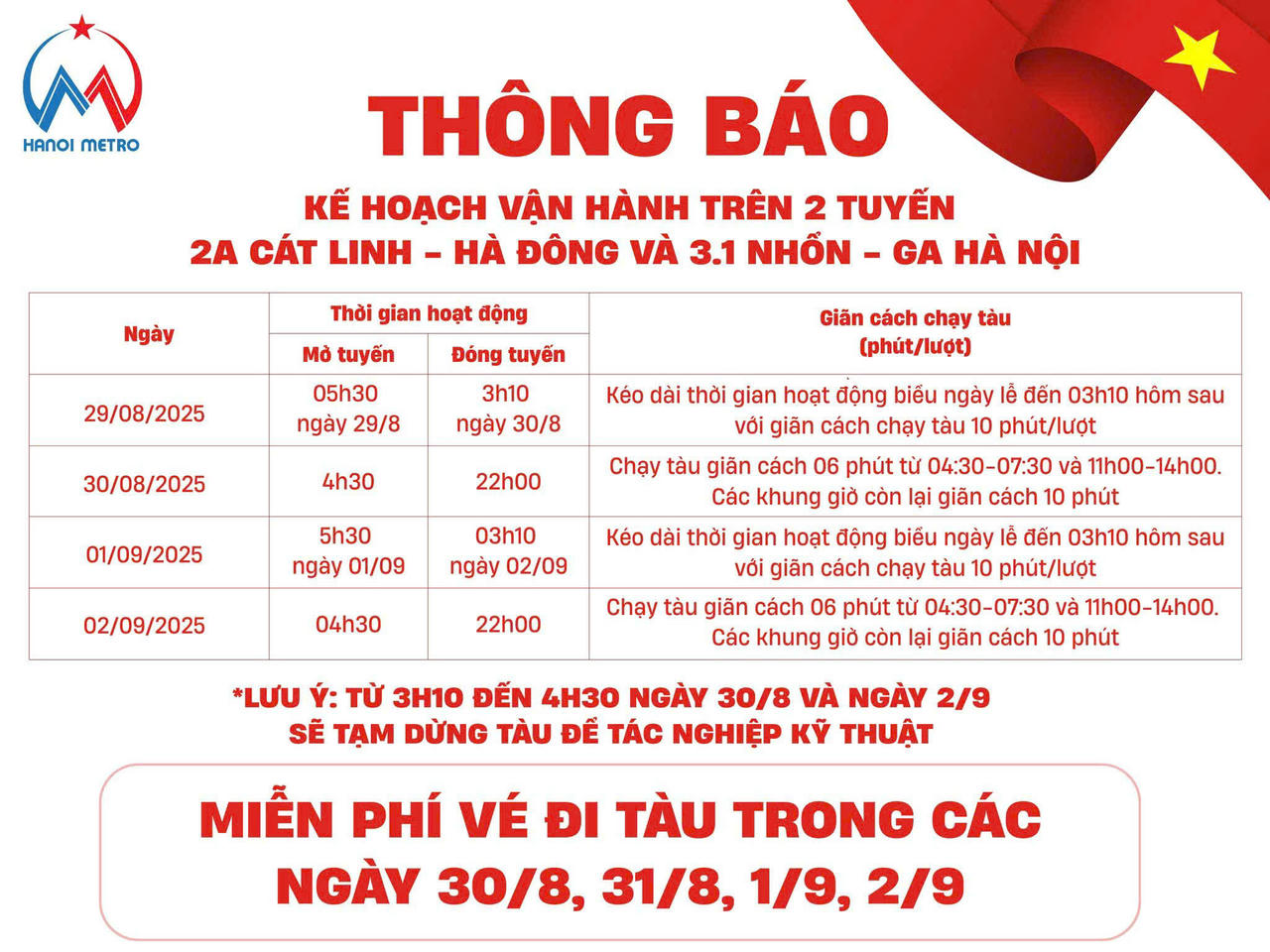 Thông báo kế hoạch chạy tàu của HaNoi Metro