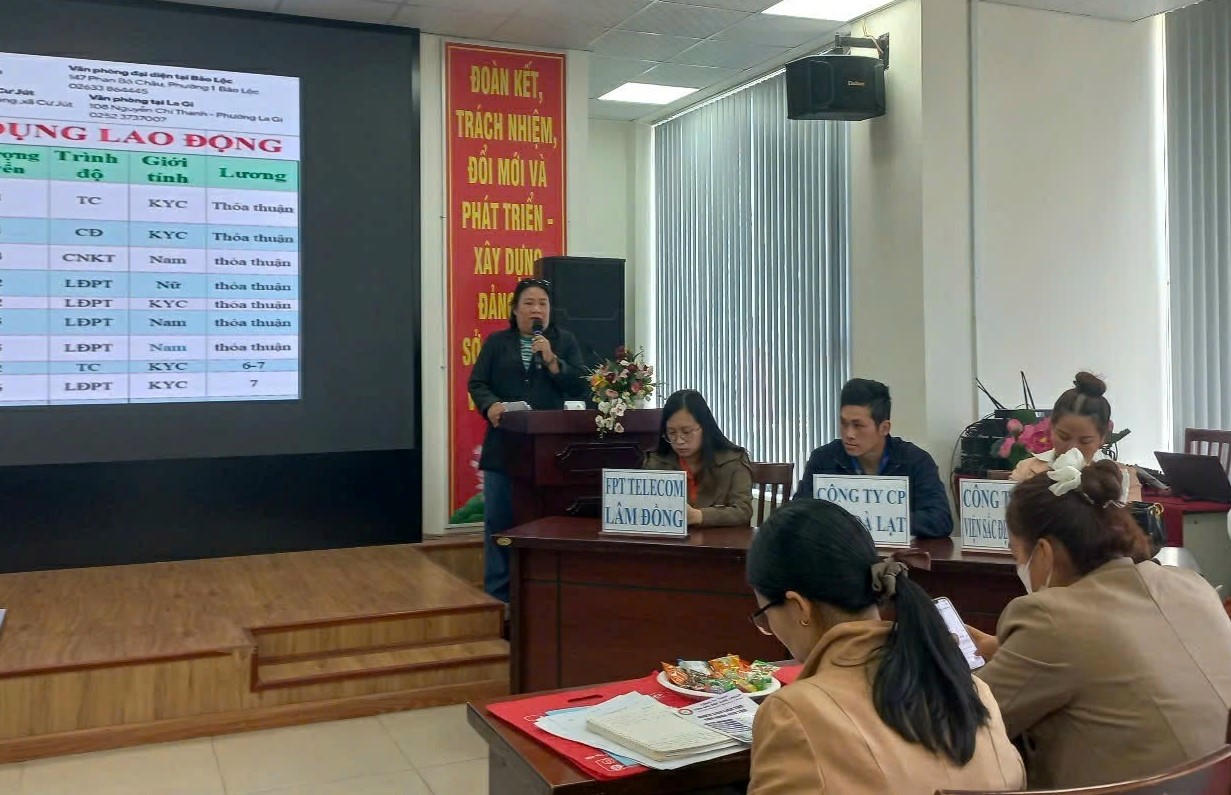 Cán bộ Trung tâm DVVL tỉnh Lâm Đồng giới thiệu cơ hội việc làm tới người lao động.