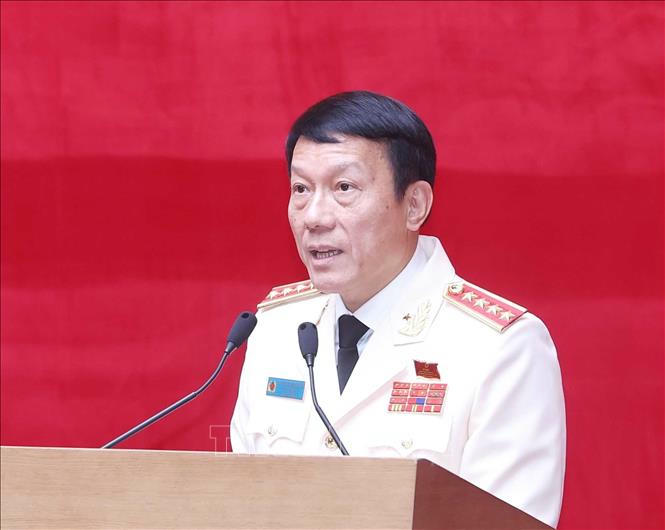 Đại tướng Lương Tam Quang, Ủy viên Bộ Chính trị, Bí thư Đảng ủy Công an Trung ương, Bộ trưởng Bộ Công an phát biểu. Ảnh: Thống Nhất/TTXVN