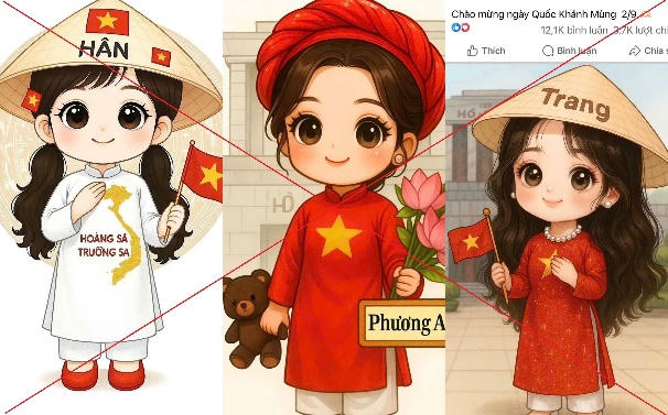 AI tạo ra hình ảnh áo dài in bản đồ Việt Nam thiếu quần đảo Hoàng Sa - Trường Sa (Ảnh: Công an TP Hà Nội)