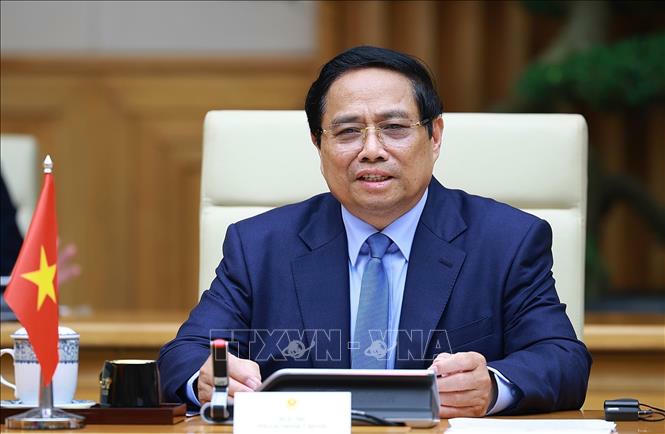 Thủ tướng Phạm Minh Chính phát biểu tại cuộc hội kiến Chủ tịch Đảng Nhân dân Campuchia, Chủ tịch Thượng viện Campuchia Hun Sen. Ảnh: Dương Giang/TTXVN