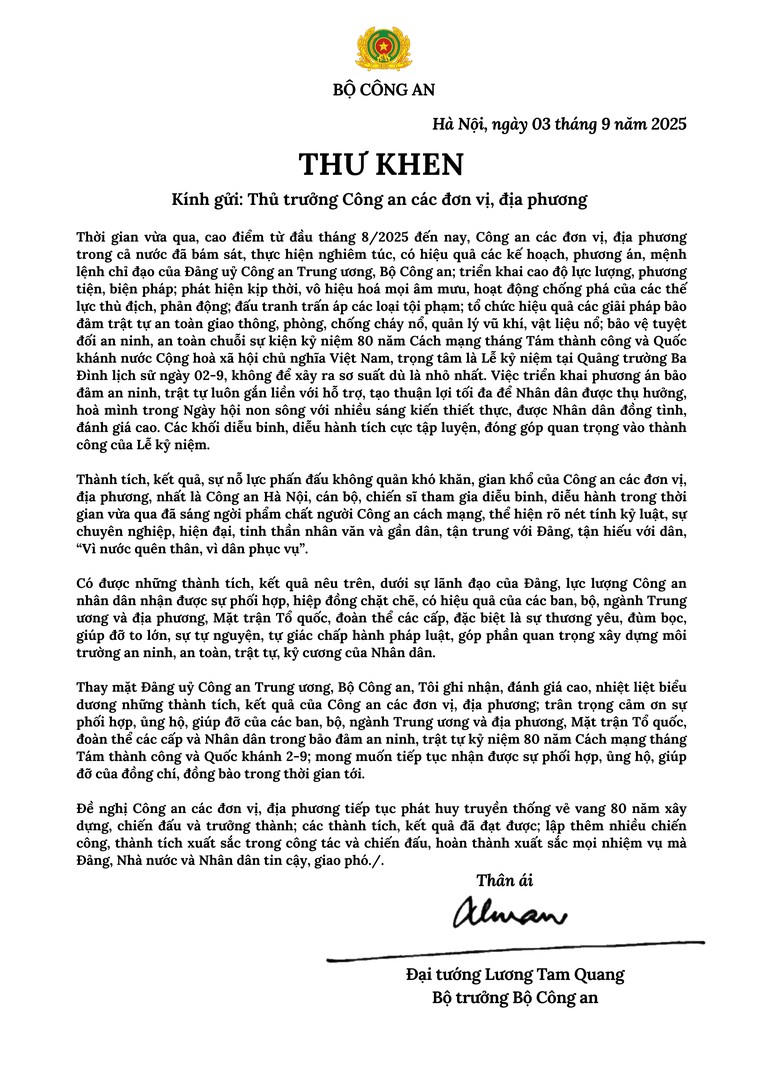 Bộ trưởng Bộ Công an Lương Tam Quang gửi thư khen lực lượng bảo đảm tuyệt đối an ninh A80 