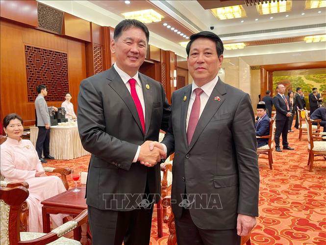 Chủ tịch nước Lương Cường gặp Tổng thống Mông Cổ Ukhnaagiin Khurelsukh. Ảnh: TTXVN phát