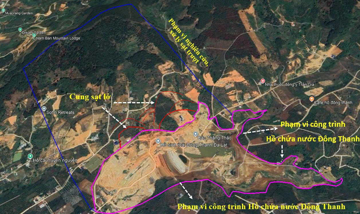 Khu vực nghiên cứu xử lý sạt trượt đất (ranh màu xanh) và các cung trượt nằm bên ngoài ranh dự án hồ chứa nước Đông Thanh (ranh màu hồng).