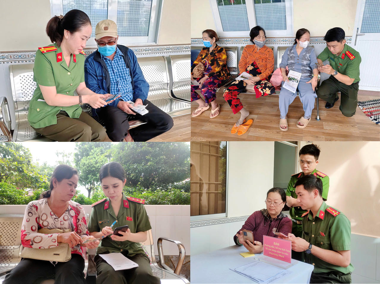 Cán bộ, chiến sĩ Công an tỉnh Cà Mau hỗ trợ người dân tích hợp sổ sức khỏe điện tử trên ứng dụng VNeID.