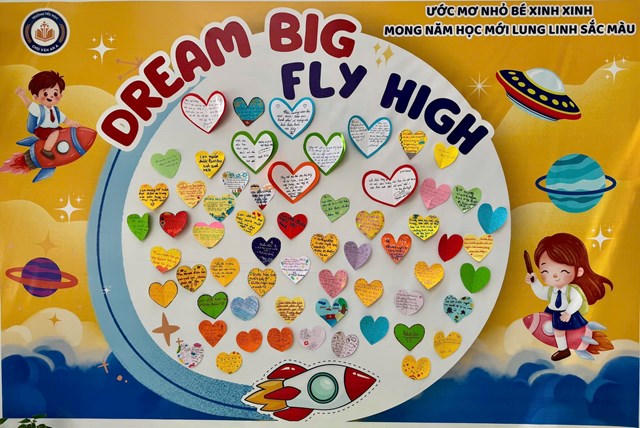 Bảng ‘Dream Big – Fly High’ ghi lại ước mơ và mục tiêu của học sinh.