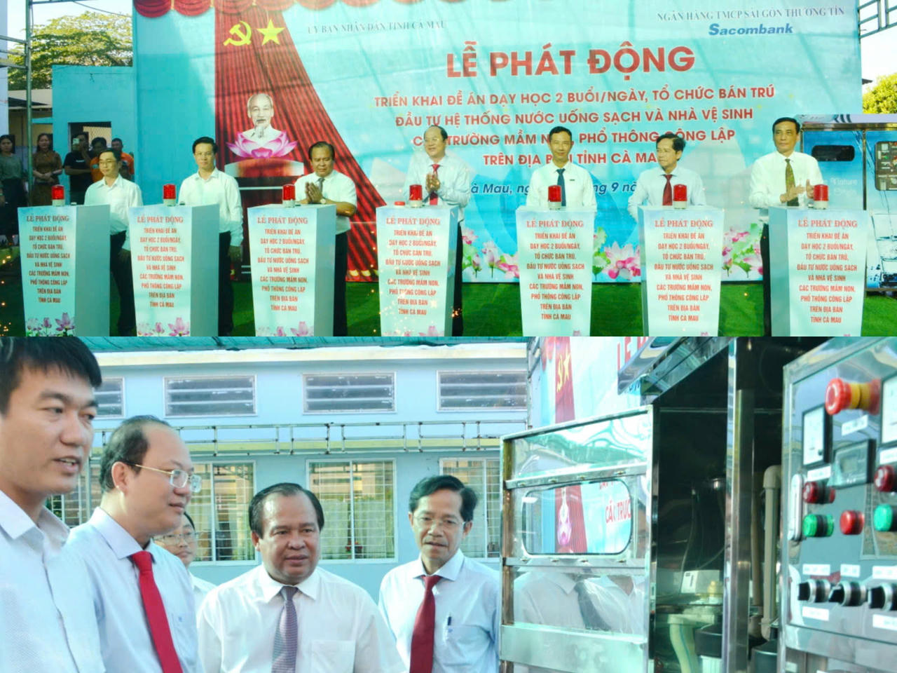 Ông Nguyễn Hồ Hải – Bí thư Tỉnh ủy, cùng lãnh đạo UBND tỉnh, các sở, ngành và địa phương bấm nút phát động Đề án dạy học 2 buổi/ngày, đồng thời khảo sát hệ thống nước uống sạch tại Trường Tiểu học Hòa Bình A (xã Hòa Bình).