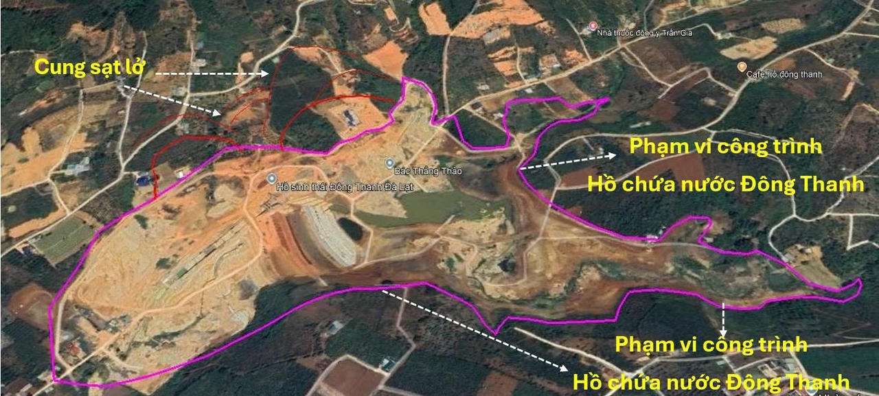 Các cung sạt trượt đất nằm bên ngoài ranh nhưng đã tác động tới dự án hồ chứa nước Đông Thanh khiến dự án dừng thi công.