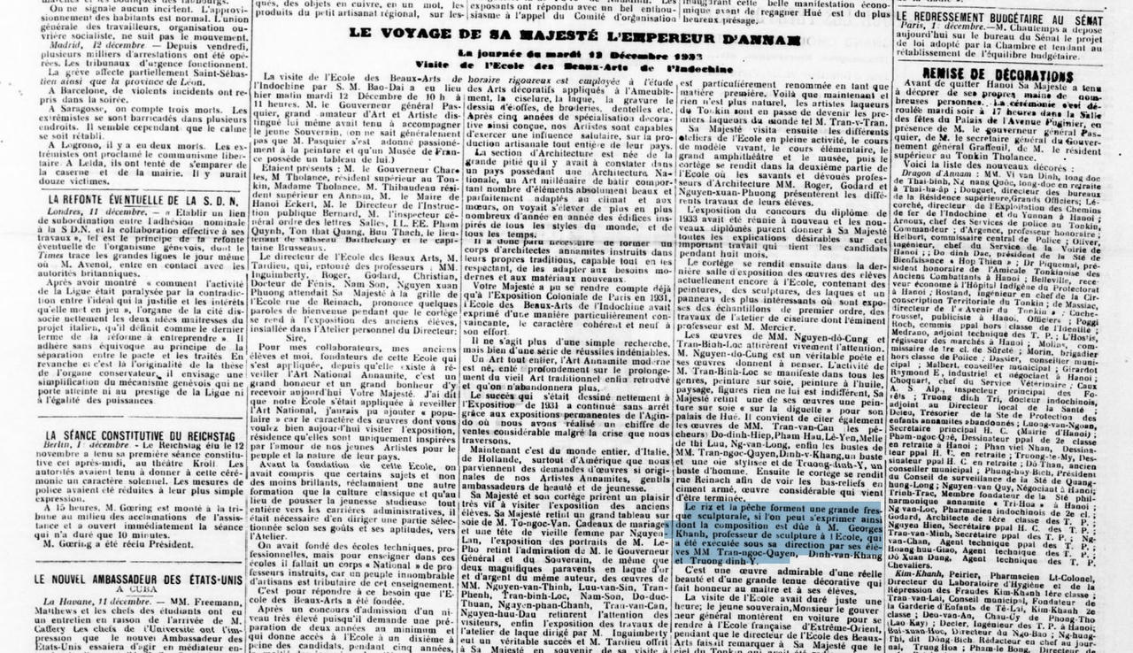 Bài tường thuận về chuyến thăm của vua Bảo Đại đến trường Mỹ thuật Đông Dương năm 1933. (Ảnh chụp màn hình)
