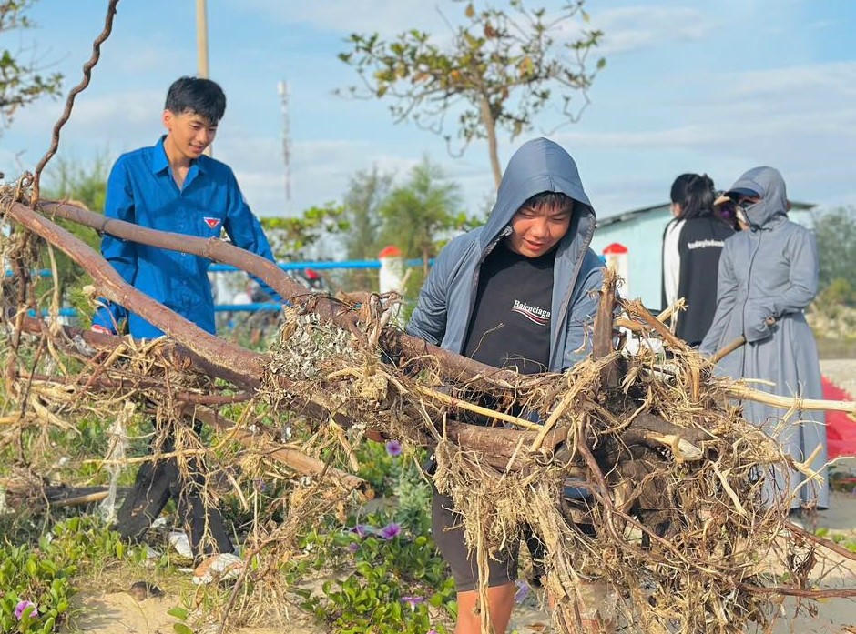 Nhiều cây gỗ lớn nằm ngổn ngang trên bãi biển, vừa cản trở tàu thuyền ra vào bờ, vừa ảnh hưởng đến việc tắm biển của người dân và du khách.