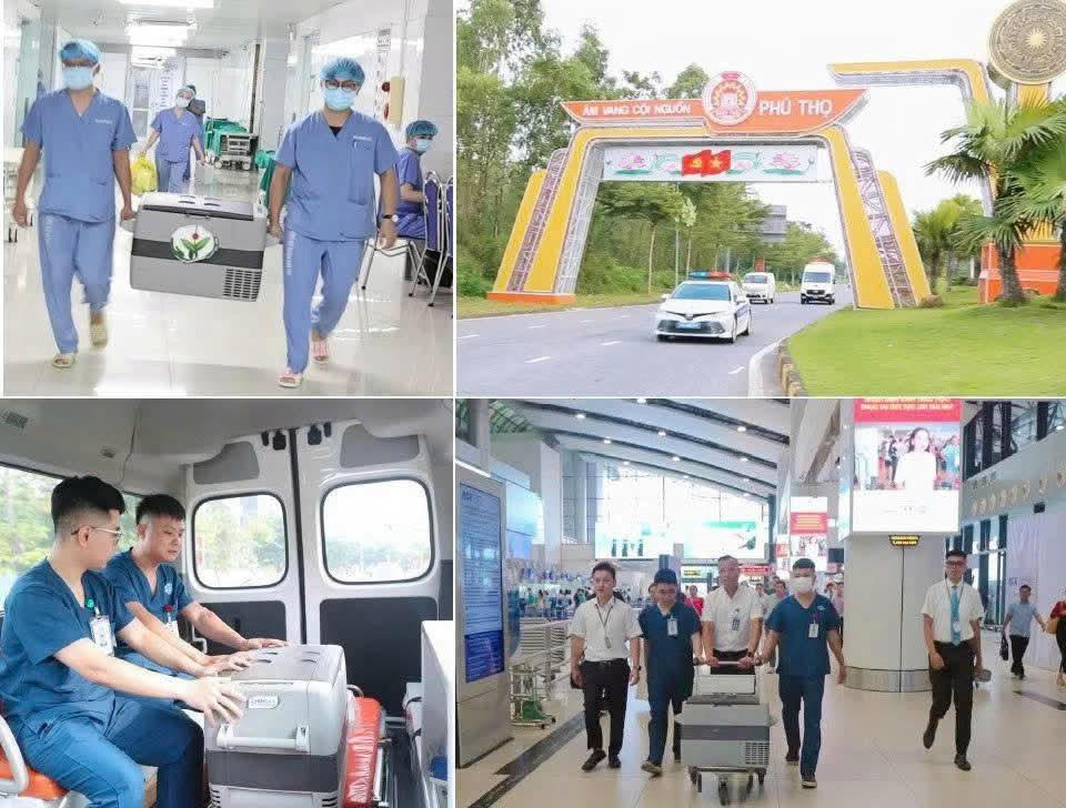 Ekip tranh thủ từng phút, thần tốc vận chuyển tạng đến các bệnh viện lớn để kịp thời ghép cho người bệnh. (Ảnh: Bệnh viện Đa khoa tỉnh Phú Thọ)