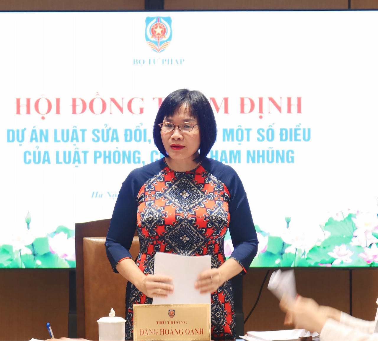 Thứ trưởng Bộ Tư pháp Đặng Hoàng Oanh phát biểu tại cuộc họp. Ảnh: Triệu Oanh