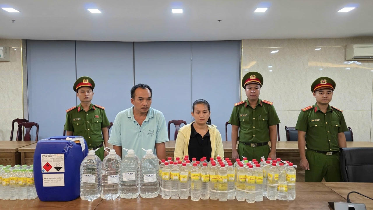 Hai vợ chồng Thanh và Hậu cùng tang vật. 