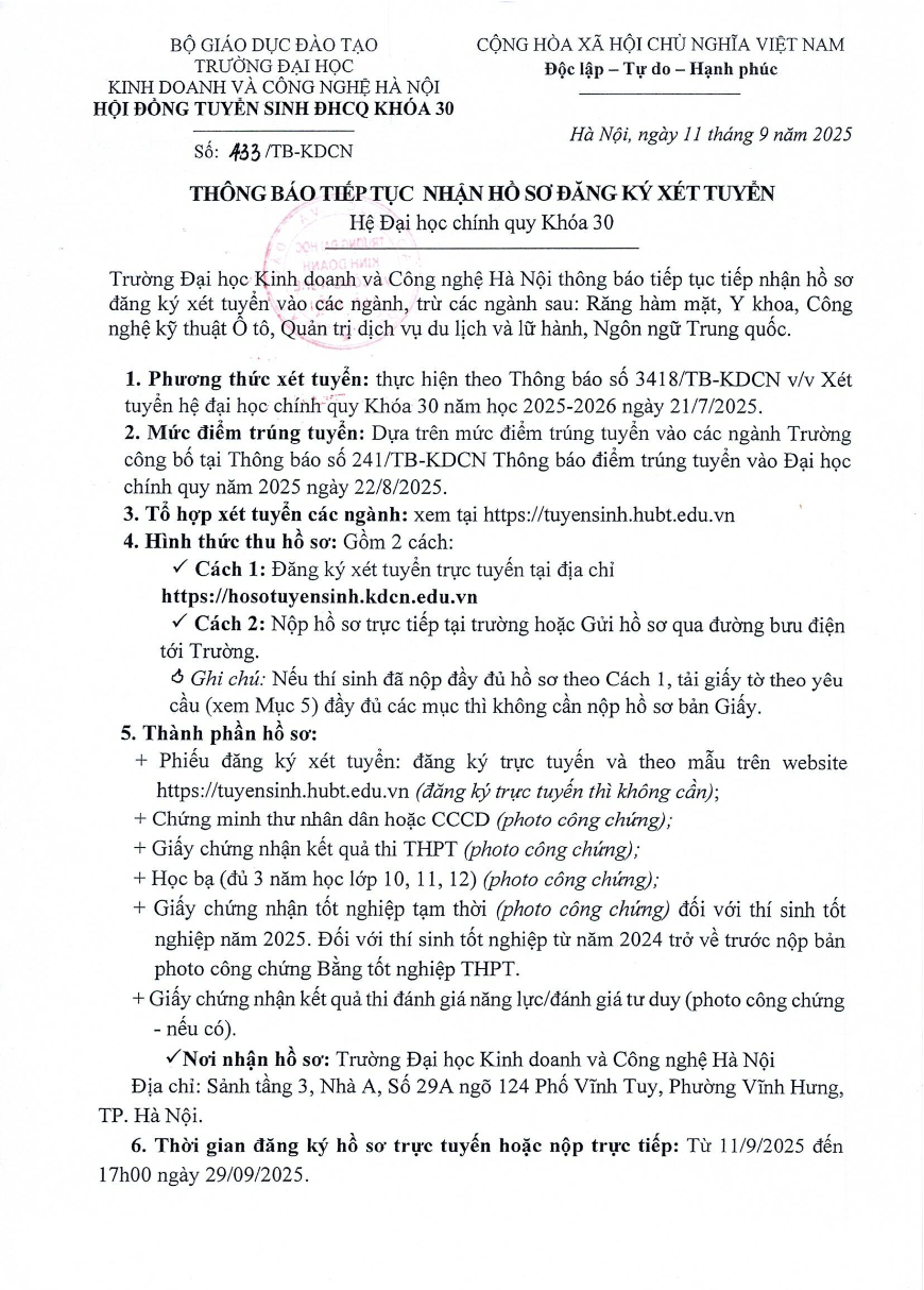 Đại học kinh doanh và công nghệ Hà Nội tiếp tục xét tuyển đợt 2
