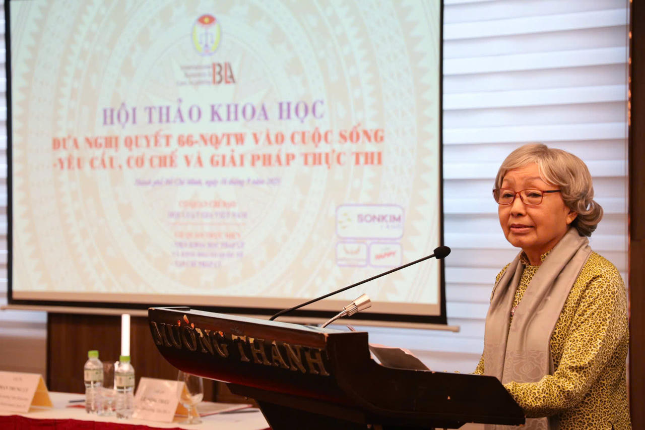 TS Nguyễn Thị Sơn - Viện trưởng Viện Khoa học Pháp lý và Kinh doanh Quốc tế (IBLA) phát biểu tại hội thảo (Anh: Thế Dương).