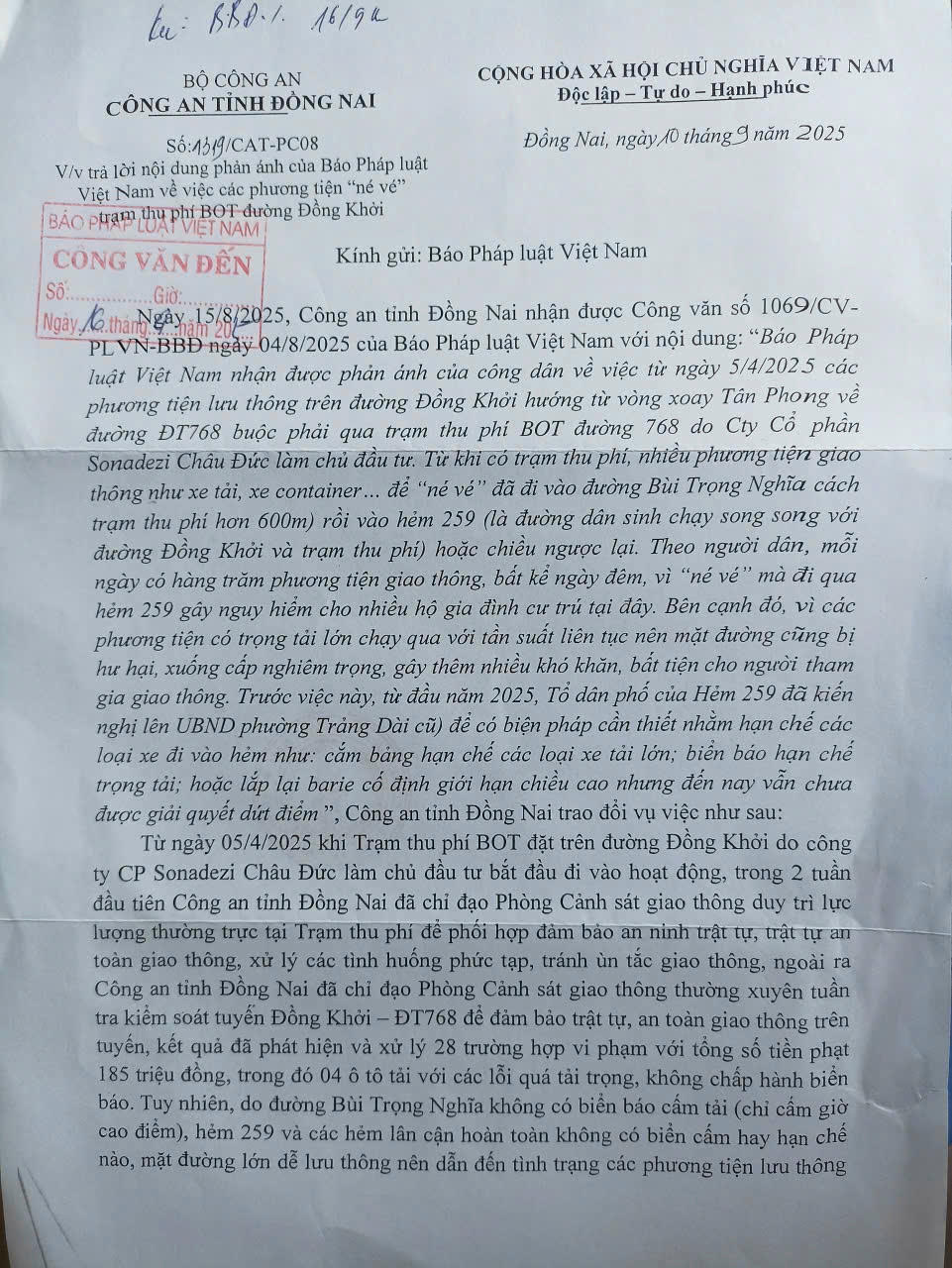 Văn bản của Công an tỉnh Đồng Nai. (Ảnh trong bài: Bùi Yên)
