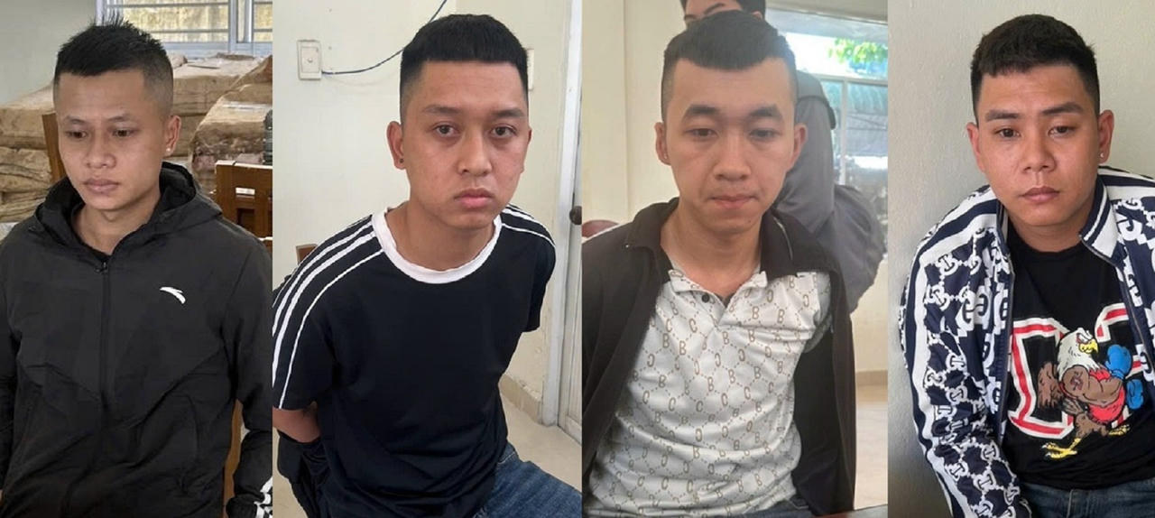 Các đối tượng Chu Đình Huy, Chu Hữu Đông, Chu Tâm Dương và Hoàng Khánh Duy (từ trái qua) bị tạm giữ để điều tra.