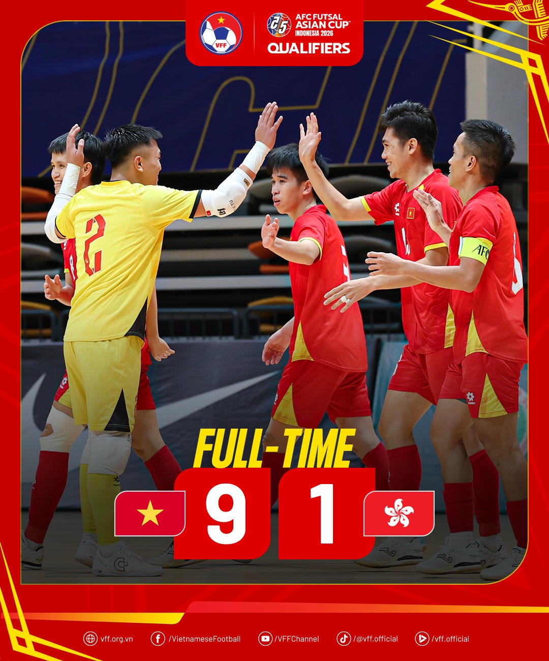 Đội tuyển futsal Việt Nam thắng futsal Hồng Kông 9-1 
