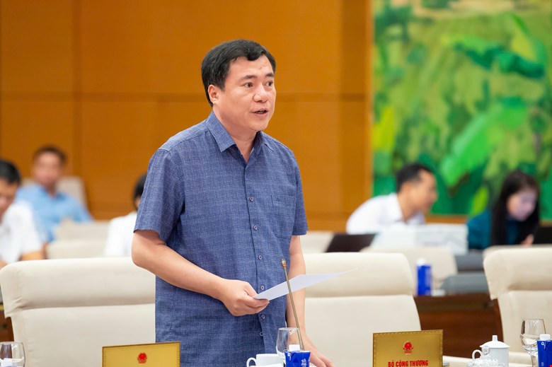 Thứ trưởng Bộ Công thương Nguyễn Sinh Nhật Tân trình bày tờ trình tại phiên họp. Ảnh Quochoi.vn