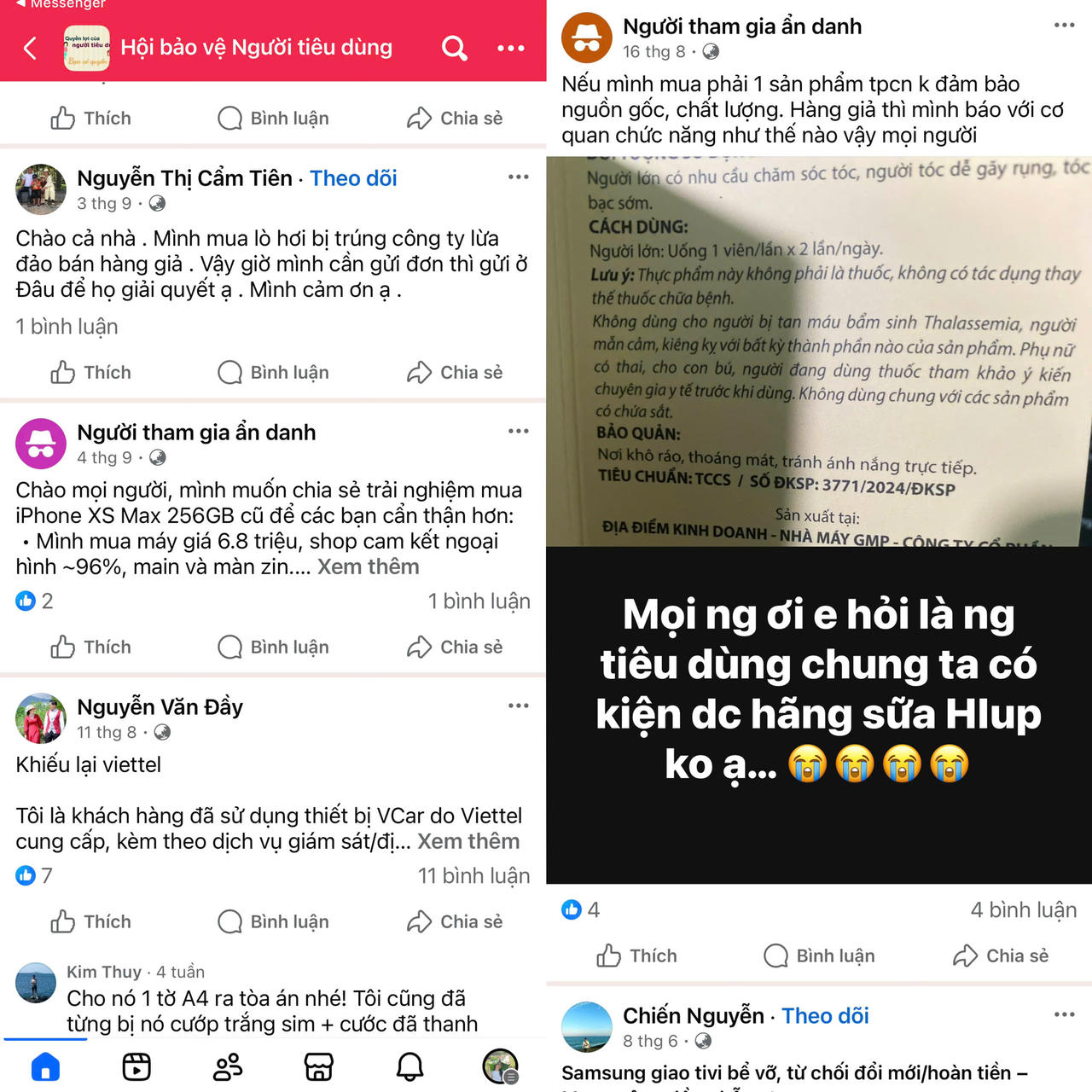 Trên mạng xã hội, nhiều người tiêu dùng chỉ biết than thở, cảnh báo nhau trong các hội nhóm, họ không biết phải liên hệ với cơ quan nào, trình báo ra sao. (Ảnh chụp màn hình).