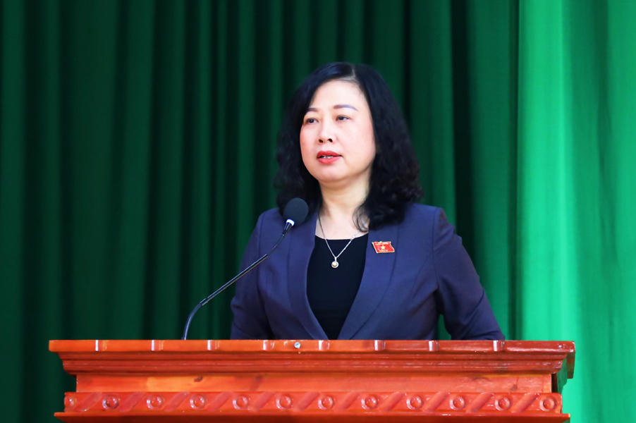 Bộ trưởng Bộ Y tế Đào Hồng Lan trao đổi, làm rõ và tiếp thu các ý kiến, kiến nghị của cử tri xã Mỹ Thái.
