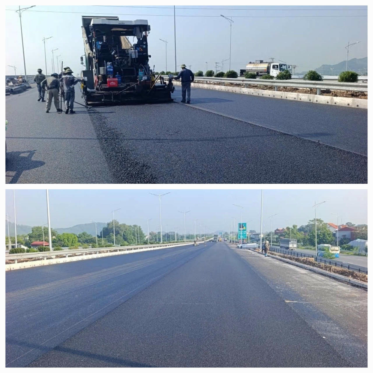 Nhà thầu đang thi công thảm nhựa mịn để phân luồng thông xe cầu vượt Liêm Sơn. (Ảnh: Trung Nghĩa)