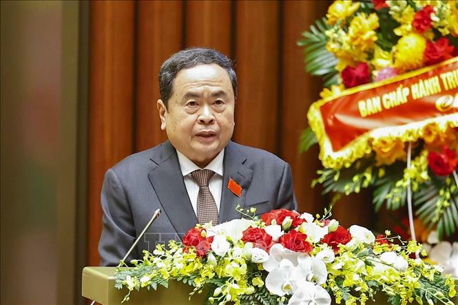 Đồng chí Trần Thanh Mẫn, Ủy viên Bộ Chính trị, Bí thư Đảng ủy Quốc hội, Chủ tịch Quốc hội đọc Diễn văn khai mạc Đại hội. Ảnh: Doãn Tấn/ TTXVN