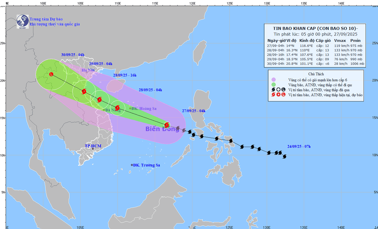 Dự báo vị trí và hướng di chuyển của bão số 10 lúc 5h sáng 27/9.