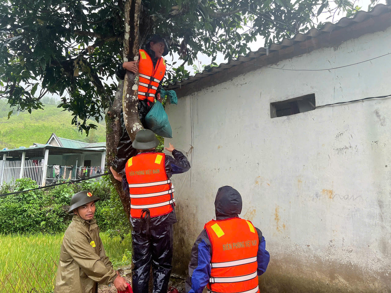 Công an, Biên phòng giúp dân chằng chống nhà cửa trước khi bão đổ bộ.