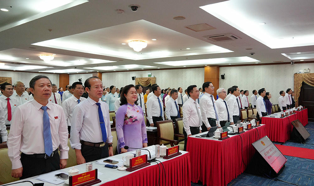 Các đại biểu thực hiện nghi thức chào cờ.