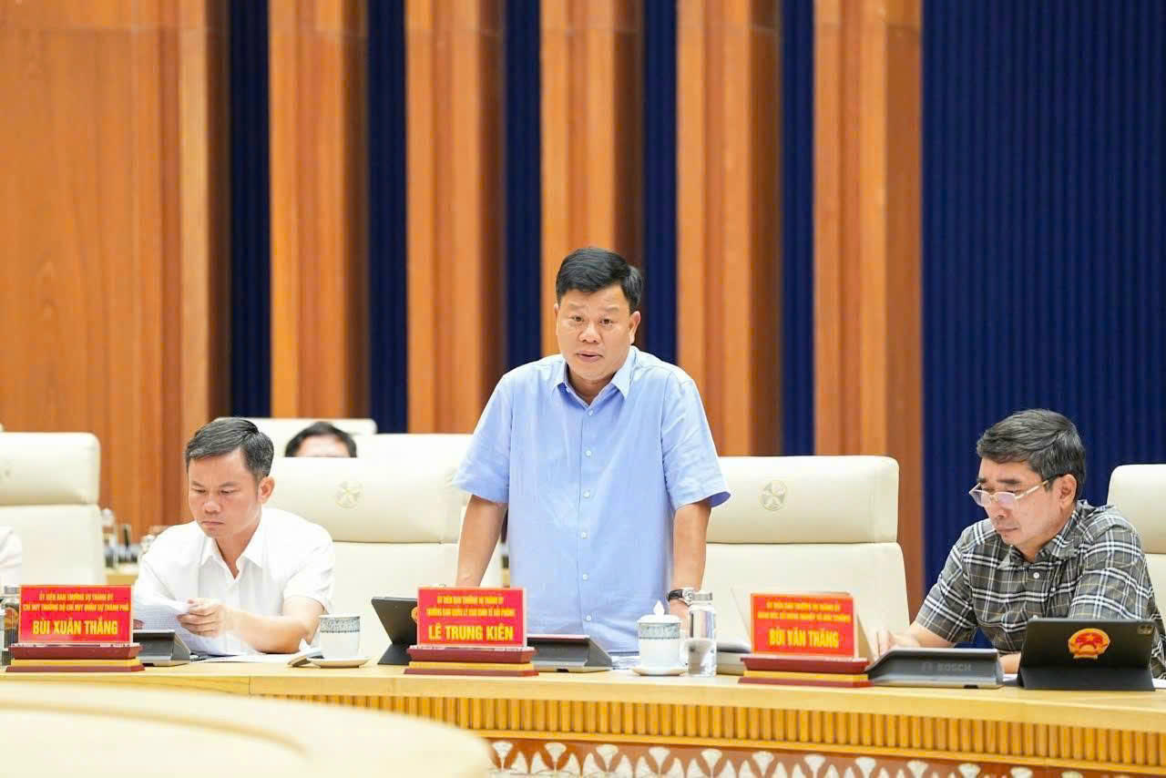 Trưởng Ban Quản lý Khu kinh tế Hải Phòng Lê Trung Kiên phát biểu tại cuộc họp.