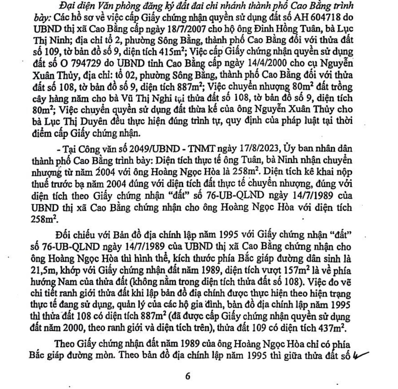 Ý kiến của Chi nhánh VPĐKĐĐ và UBND TP Cao Bằng (cũ) về sự việc. (Ảnh: Gia Hải)