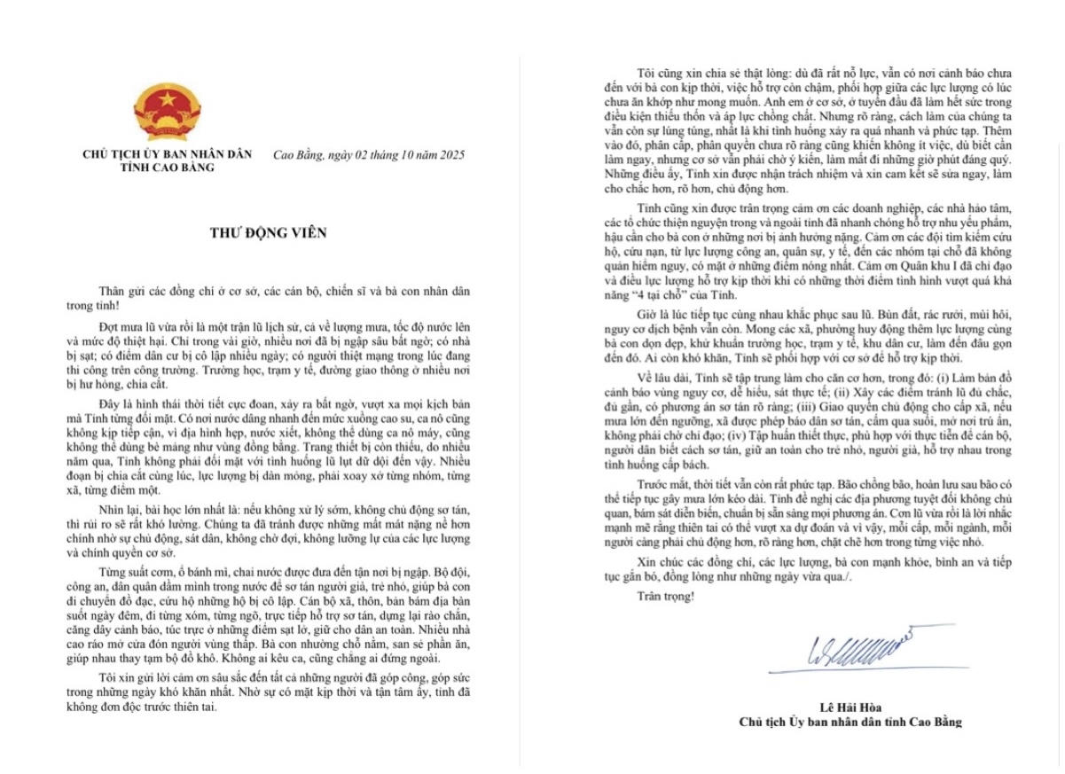 Thư động viên của Chủ tịch UBND tỉnh Cao Bằng tới người dân trong tỉnh. (Ảnh: Lê Hanh)