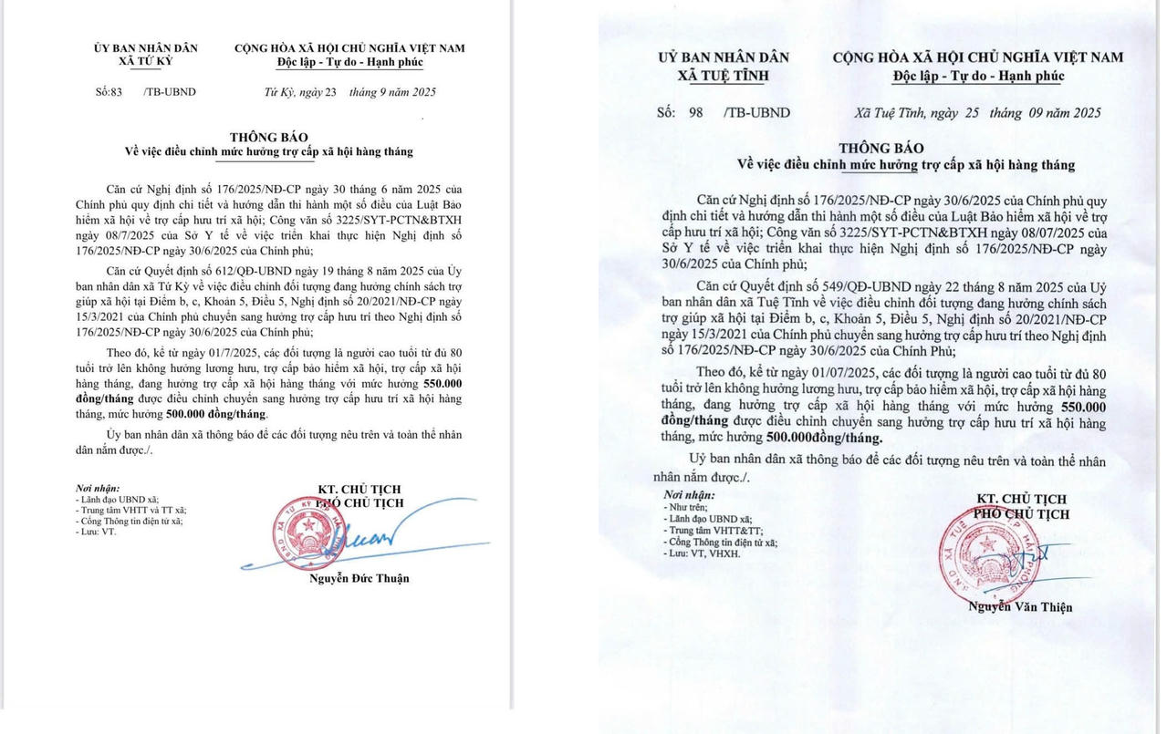 Văn bản thông báo của các xã Tứ Kỳ, Tuệ Tĩnh (TP. Hải Phòng) về việc
điều chính mức hưởng trợ cấp xã hội hàng tháng