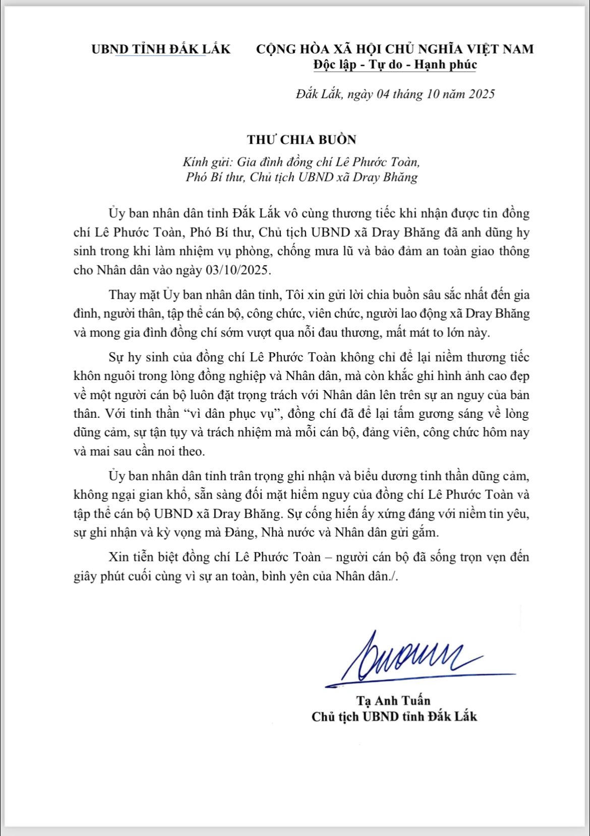 Thư chia buồn của ông Tạ Anh Tuấn - Chủ tịch UBND tỉnh Đắk Lắk