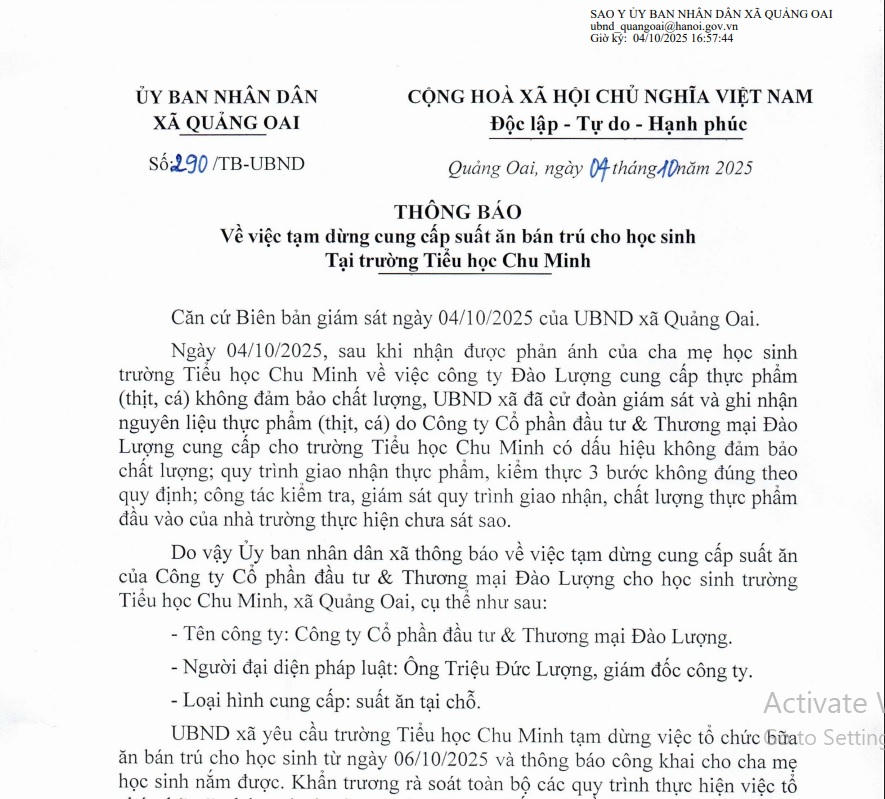 Hà Nội: Tạm dừng việc cung cấp suất ăn của Công ty Đào Lượng cho trường Tiểu học Chu Minh