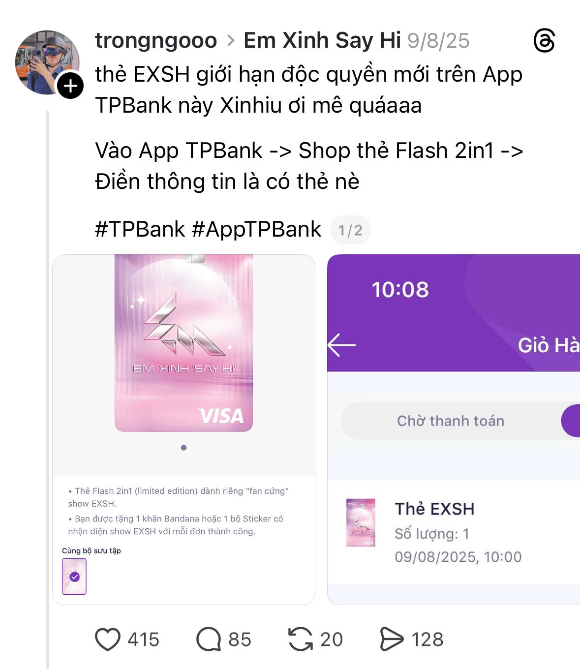 Khách hàng có thể mở thẻ Visa Flash 2in1 phiên bản Em Xinh Say Hi ngay trên App TPBank.