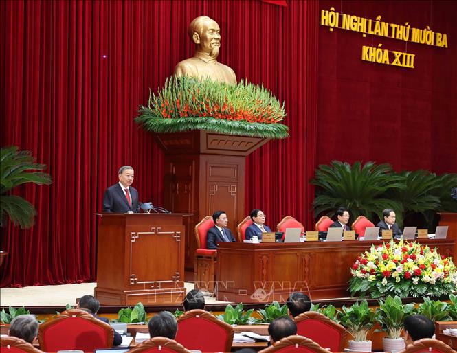 Tổng Bí thư Tô Lâm phát biểu khai mạc Hội nghị lần thứ mười ba, Ban Chấp hành Trung ương Đảng khóa XIII. Ảnh: Thống Nhất/TTXVN