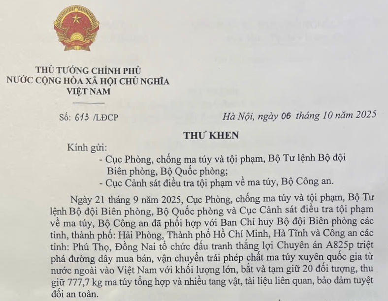 Thủ tướng Phạm Minh Chính gửi thư khen lực lượng triệt phá đường dây 777,7 kg ma túy xuyên quốc gia