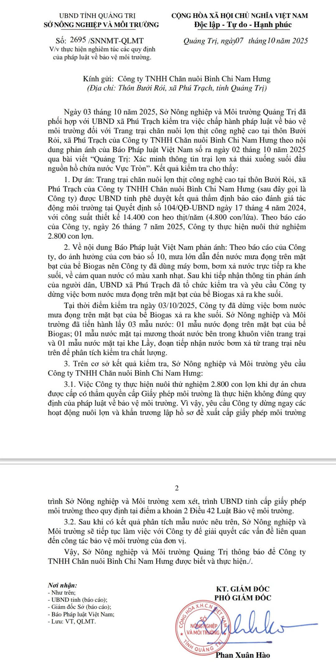 Văn bản của Sở NN&amp;MT tỉnh Quảng Trị yêu cầu Công ty TNHH Chăn nuôi Bình Chi Nam Hưng dừng ngay hoạt động nuôi lợn và khẩn trương hoàn thiện hồ sơ đề nghị cấp giấy phép môi trường theo đúng quy định.