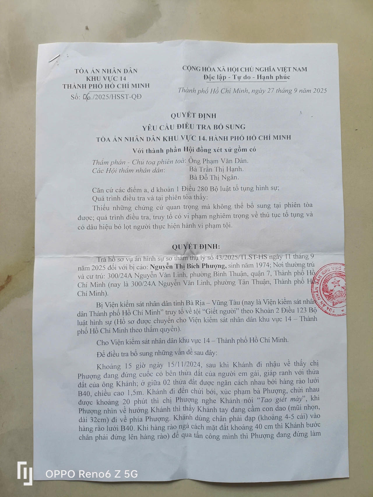 Quyết định của TAND khu vực 14 TP HCM.
(Ảnh: Bùi Yên)