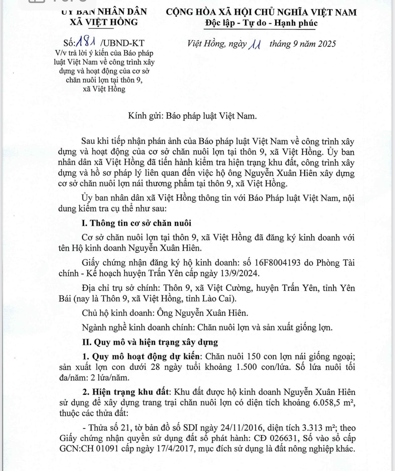 Văn bản trả lời của UBND xã.