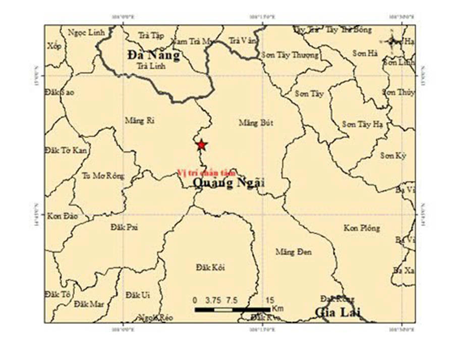 Trận động đất có cường độ lớn nhất ở Quảng Ngãi trong sáng 13/10 xảy ra lúc gần 2 giờ sáng, trên địa bàn xã Măng Bút.