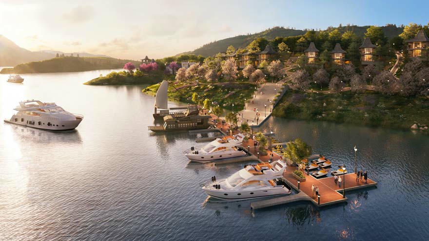 Hồ Hòa Bình có nhiều tiềm năng, lợi thế để trở thành một KDL đẳng cấp. (Ảnh: Phối cảnh dự án ở lòng hồ)