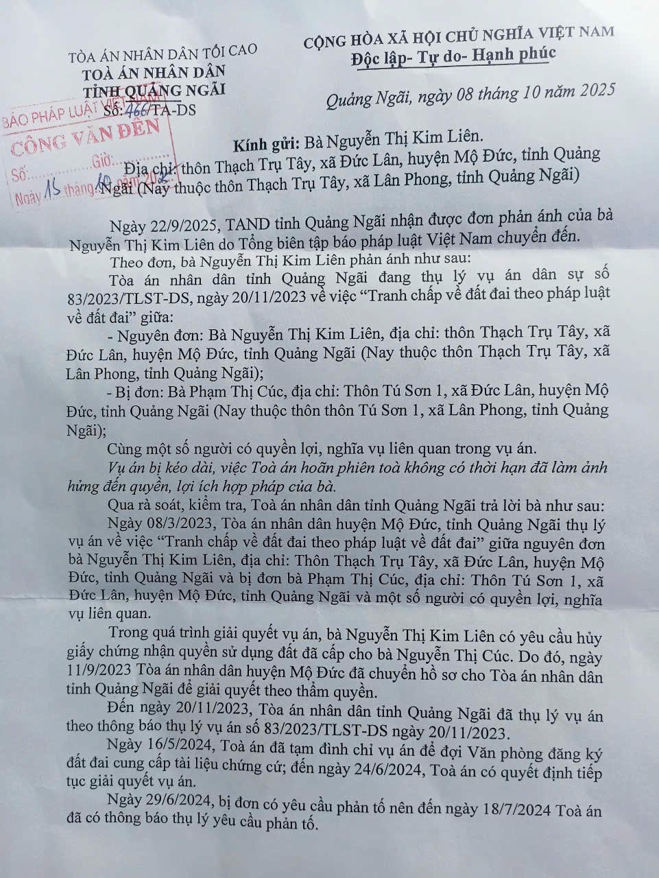 Công văn của TAND Quảng Ngãi. (Ảnh: Hồng Thương)