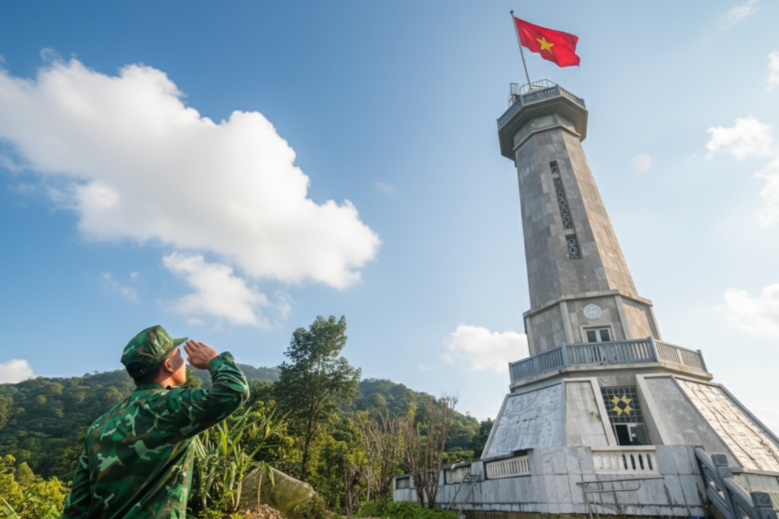 Chiến sĩ Đồn Biên phòng A Pa Chải chào cờ tại Cột cờ quốc gia A Pa Chải. Cột cờ cực Tây Tổ quốc được khởi công tháng 11/2023. Vị trí xây dựng tại đỉnh núi thuộc dãy Khoang La San (xã Sín Thầu, tỉnh Điện Biên) có độ cao 1.459 m so với mực nước biển, cách mốc ngã ba biên giới (mốc 0) khoảng 1.387 m.&nbsp;. (Ảnh trong bài: ĐVCC)