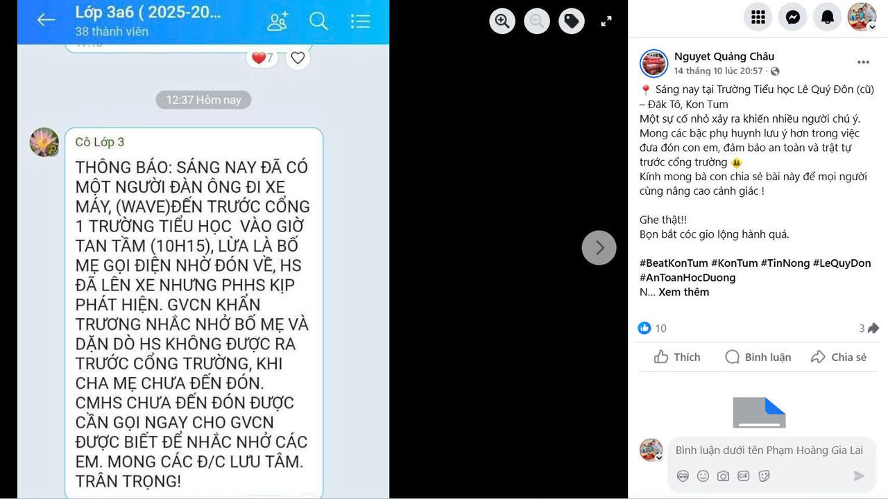 Ảnh chụp lại nội dung tin nhắn trong nhóm Zalo của phụ huynh học sinh, kèm bài đăng Facebook lan truyền thông tin “người đàn ông lạ mặt giả danh phụ huynh để bắt cóc học sinh” trước cổng Trường Tiểu học Lê Quý Đôn, xã Đăk Tô.