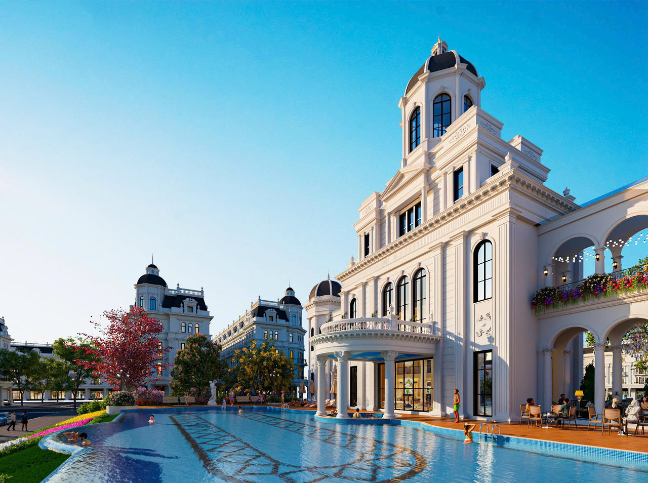 Mỗi cảnh quan, tiện ích tại Danko Center đều mang đến trải nghiệm sống trọn vẹn cho cư dân (Ảnh: Bể bơi Sunset Pool)